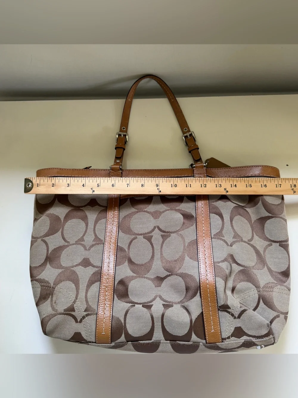 Coach Y2K Bag Tote Purse Signature Jacquard Tote Khaki Brown Leather